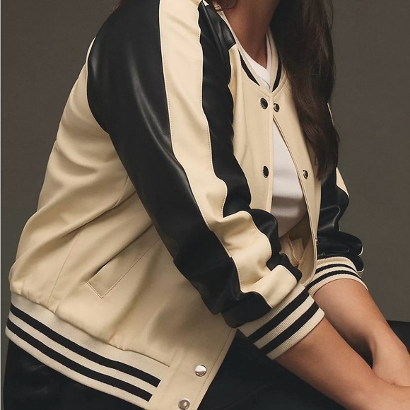 By Anthropologie Colorblock Faux Leather Bomber Jacket - Picture 10 of 11